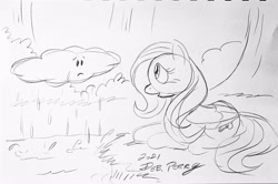 Size: 3587x2380 | Tagged: safe, artist:debmervin, imported from derpibooru, fluttershy, pony, cloud, high res, lying down, monochrome, prone, rain, traditional art