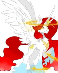 Size: 640x800 | Tagged: safe, artist:_goddesskatie_, imported from derpibooru, oc, oc only, alicorn, pony, alicorn oc, female, halo, hoof fluff, horn, mare, raised hoof, smiling, solo, wings