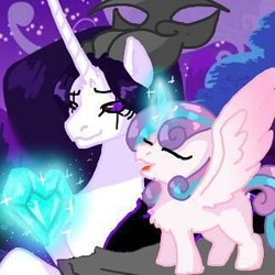 Size: 320x320 | Tagged: safe, artist:_goddesskatie_, imported from derpibooru, princess flurry heart, oc, alicorn, alicorn oc, chest fluff, crystal heart, duo, eyes closed, female, glowing horn, horn, magic, mare, night, smiling, telekinesis, wings