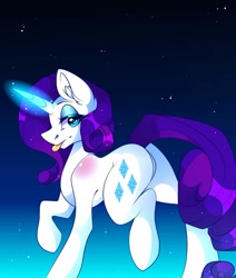 Size: 1080x1275 | Tagged: safe, alternate version, artist:tessa_key_, imported from derpibooru, rarity, pony, :p, bedroom eyes, butt, ear fluff, eyelashes, female, glowing horn, gradient background, horn, mare, needs more jpeg, plot, raised hoof, signature, solo, tongue out