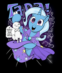 Size: 2271x2684 | Tagged: safe, artist:andypriceart, artist:brunursus, imported from derpibooru, angel bunny, trixie, pony, unicorn, angel bunny is not amused, angel is a bunny bastard, angel is not amused, black background, bunny out of the hat, cape, clothes, hat, high res, magic, magic trick, simple background, solo, thought bubble, trixie's cape, trixie's hat, unamused, vector