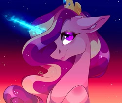 Size: 1080x915 | Tagged: safe, artist:tessa_key_, imported from derpibooru, princess cadance, alicorn, pony, abstract background, bust, crown, female, glowing horn, horn, jewelry, makeup, mare, regalia, signature, solo