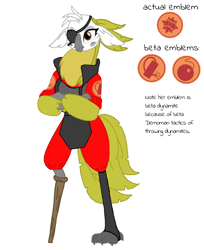 Size: 2376x2907 | Tagged: safe, artist:agdapl, imported from derpibooru, parrot pirates, my little pony: the movie, amputee, crossed arms, crossover, demoman, eyepatch, high res, peg leg, pirate, prosthetic leg, prosthetic limb, prosthetics, reference sheet, simple background, solo, species swap, team fortress 2, white background