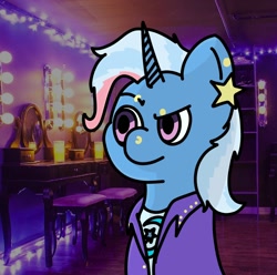 Size: 1166x1156 | Tagged: safe, artist:melodysketch, imported from derpibooru, trixie, pony, unicorn, cel shading, cell shaded, clothes, cutie mark, cutie mark on clothes, dyed mane, ear piercing, earring, eyebrow piercing, hatless, jacket, jewelry, leather jacket, messy mane, missing accessory, nose piercing, nose ring, piercing, punk, solo
