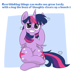 Size: 1000x1000 | Tagged: safe, artist:dendollae, imported from derpibooru, twilight sparkle, alicorn, pony, both cutie marks, crossed legs, feather, female, grin, hooves on cheeks, mare, messy mane, nervous, nervous grin, sitting, smiling, solo, twilight sparkle (alicorn)