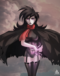 Size: 1728x2160 | Tagged: source needed, useless source url, safe, artist:delta hronum, imported from derpibooru, oc, oc only, oc:tesla hronum, human, pony, breasts, cape, clothes, cloud, female, humanized, latex, latex suit, monochrome, red scarf, solo, sword, weapon