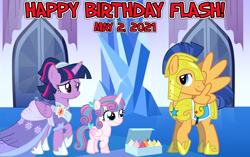 Size: 2064x1296 | Tagged: safe, artist:not-yet-a-brony, imported from derpibooru, flash sentry, princess flurry heart, twilight sparkle, alicorn, pegasus, the last problem, 2021, armor, aunt and niece, auntie twilight, birthday, clothes, coronation dress, crystal empire, cupcake, cute, dress, family, female, filly, filly flurry heart, flashlight, flurrybetes, food, heartwarming, looking at each other, male, older, older flurry heart, present, royal guard armor, second coronation dress, shipping, smiling, straight, twilight sparkle (alicorn), uncle flash, vincent tong, voice actor joke, voice actor reference