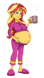 Size: 2372x4168 | Tagged: safe, artist:niban-destikim, imported from derpibooru, sunset shimmer, equestria girls, belly, belly button, big belly, breasts, busty sunset shimmer, clothes, coffee, female, geode, geode of empathy, magical geodes, outie belly button, pajamas, pregnant, simple background, slippers, sunset preggers, transparent background