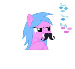 Size: 936x854 | Tagged: safe, artist:saltysel, imported from derpibooru, oc, oc only, earth pony, pony, bust, earth pony oc, evil grin, fake moustache, female, grin, hooves together, mare, reference sheet, simple background, smiling, solo, white background