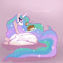 Size: 2048x2048 | Tagged: safe, artist:pfeffaroo, imported from derpibooru, princess celestia, alicorn, pony, cake, cakelestia, crying, dialogue, female, food, frown, high res, lying down, mare, sad, solo