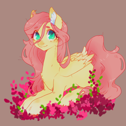 Size: 3000x3000 | Tagged: safe, artist:silkyunii, imported from derpibooru, fluttershy, pegasus, pony, chest fluff, cute, ear fluff, female, flower, high res, looking at you, lying down, mare, missing cutie mark, no pupils, prone, shyabetes, solo