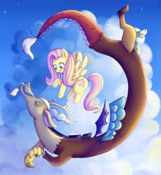 Size: 1258x1366 | Tagged: safe, artist:saltysel, imported from derpibooru, discord, fluttershy, draconequus, pegasus, pony, cloud, discoshy, duo, eyes closed, female, flying, grin, male, mare, outdoors, shipping, smiling, straight