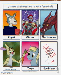 Size: 1080x1322 | Tagged: safe, artist:shredder.the.shark, imported from derpibooru, derpy hooves, anthro, dragon, human, pegasus, rabbit, robot, six fanarts, animal, anthro with ponies, beastars, bust, carrot, clothes, crossover, food, legosi (beastars), mug, stick figure, winnie the pooh