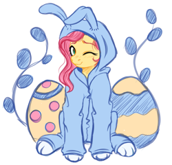 Size: 3261x3136 | Tagged: safe, artist:vetta, imported from derpibooru, fluttershy, pegasus, pony, animal costume, bunny costume, bunnyshy, clothes, costume, cute, easter, easter egg, female, footed sleeper, footie pajamas, high res, holiday, mare, one eye closed, onesie, pajamas, shyabetes, simple background, sitting, smiling, solo, white background, wink