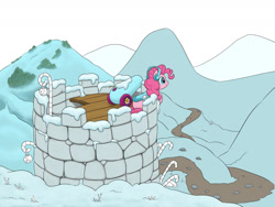 Size: 1280x960 | Tagged: safe, artist:dendollae, imported from derpibooru, pinkie pie, earth pony, pony, castle, female, mare, party cannon, smiling, snow, solo