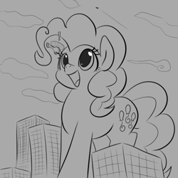 Size: 500x500 | Tagged: safe, artist:dendollae, imported from derpibooru, pinkie pie, earth pony, pony, cute, diapinkes, exclamation point, female, giant pinkie pie, giant pony, grayscale, helicopter, macro, mare, monochrome, open mouth, smiling, solo