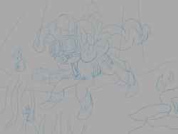 Size: 1280x960 | Tagged: safe, artist:dendollae, imported from derpibooru, pinkie pie, oc, earth pony, fish, pony, seapony (g4), female, mare, monochrome, sketch, snorkel, snorkeling, solo, swimming, underwater