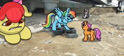 Size: 4000x1800 | Tagged: safe, artist:a-jaller, imported from derpibooru, apple bloom, rainbow dash, scootaloo, sweetie belle, earth pony, pegasus, pony, unicorn, butt, female, filly, graffiti, irl, mare, photo, plot, ponies in real life, tire