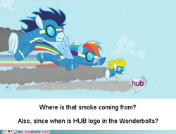 Size: 500x382 | Tagged: safe, edit, edited screencap, imported from derpibooru, screencap, rainbow dash, soarin', surprise, pegasus, pony, season 1, the best night ever, the ticket master, clothes, flying, hub logo, meme, my little brony, television logo joke, uniform, wonderbolts, wonderbolts uniform