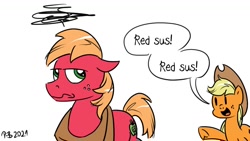 Size: 1200x675 | Tagged: safe, artist:pony-berserker, imported from derpibooru, applejack, big macintosh, earth pony, pony, among us, big macintosh is not amused, brother and sister, female, floppy ears, freckles, male, meme, pony-berserker's twitter sketches, siblings, sus (among us), suspicious