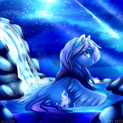 Size: 1280x1280 | Tagged: safe, artist:abyssnima, imported from derpibooru, oc, oc only, pegasus, pony, bathing, cloud, commission, female, looking at you, moonlight, night, purple eyes, rock, sky, smiling, solo, stars, water, wings, ych result