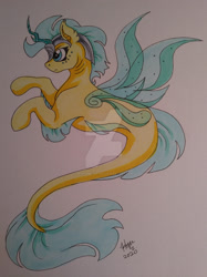 Size: 1280x1707 | Tagged: safe, artist:penname-artist, imported from derpibooru, oc, oc only, alicorn, pony, seapony (g4), blue eyes, deviantart watermark, dorsal fin, fin wings, fins, fish tail, flowing tail, horn, obtrusive watermark, seaponified, signature, simple background, solo, species swap, tail, traditional art, watermark, wings