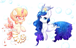 Size: 3031x1928 | Tagged: safe, artist:monnychanart, imported from derpibooru, oc, oc only, hybrid, merpony, sea pony, starfish, adoptable, auction, blue eyes, blue mane, bubble, coral, female, fish tail, flowing mane, flowing tail, jewelry, necklace, open mouth, orange mane, pearl necklace, red eyes, seashell, simple background, smiling, sparkles, tail, underwater, white background