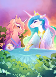 Size: 1280x1755 | Tagged: safe, artist:pumpkabooo, imported from derpibooru, princess amore, princess celestia, alicorn, pony, unicorn, colored pupils, crown, curly mane, dusk, ethereal mane, female, flowing mane, folded wings, hoof shoes, horn, jewelry, leaf, looking at each other, orange eyes, purple eyes, regalia, sad, sky, sparkles, starry mane, sunset, table, teapot, wings