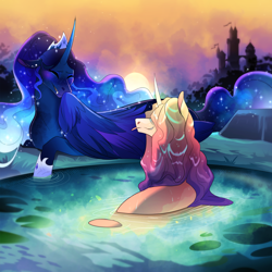 Size: 2000x2000 | Tagged: safe, artist:pumpkabooo, imported from derpibooru, princess amore, princess luna, alicorn, pony, unicorn, colored pupils, crown, curly mane, dusk, ethereal mane, fangs, female, flowing mane, folded wings, high res, hoof shoes, horn, jewelry, long description, looking at each other, lunamore, regalia, shipping, sky, smiling, sparkles, starry mane, story included, sun, tongue out, wet, wet mane, wings