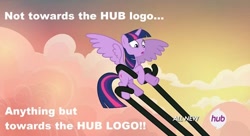 Size: 500x272 | Tagged: safe, edit, edited screencap, imported from derpibooru, screencap, twilight sparkle, alicorn, pony, tatzlwurm, season 4, three's a crowd, all new, cloud, female, hub logo, meme, offscreen character, sky, spread wings, television logo joke, text, twilight sparkle (alicorn), wings