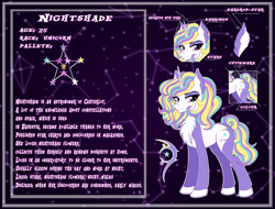 Size: 2900x2200 | Tagged: safe, artist:rain6ow6rush, imported from derpibooru, oc, oc only, oc:nightshade flower, pony, unicorn, bust, chest fluff, colored hooves, constellation, ear fluff, ear piercing, female, high res, mare, piercing, reference sheet, smiling, solo, solo female