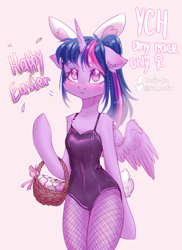 Size: 1824x2500 | Tagged: safe, artist:zefirka, imported from derpibooru, twilight sparkle, alicorn, semi-anthro, basket, bunny suit, clothes, commission, easter, easter egg, egg, female, holiday, legs together, leotard, socks, solo, stockings, thigh highs, twilight sparkle (alicorn), ych example, your character here