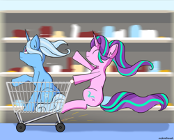 Size: 1584x1272 | Tagged: safe, artist:exploretheweb, imported from derpibooru, starlight glimmer, trixie, pony, unicorn, duo, eyes closed, female, mare, ride, shopping cart