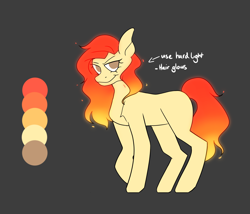 Size: 2048x1750 | Tagged: safe, artist:neonbugzz, imported from derpibooru, oc, oc only, oc:flaring blaze, earth pony, pony, earth pony oc, fire, full body, fullbody, red, reference sheet, solo, yellow