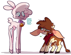 Size: 3643x2797 | Tagged: safe, artist:hoshmyposhes, imported from derpibooru, arizona cow, pom lamb, cow, lamb, sheep, them's fightin' herds, arizona (tfh), community related, duo, frown, high res, lamp, nervous, pom (tfh), shadow, simple background, size difference, tall, vulgar, white background