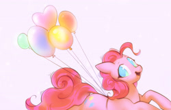 Size: 3989x2589 | Tagged: safe, artist:mirroredsea, imported from derpibooru, pinkie pie, earth pony, pony, balloon, colored pupils, cute, diapinkes, female, floating, happy, high res, looking at you, mare, open mouth, party balloon, smiling, solo, then watch her balloons lift her up to the sky
