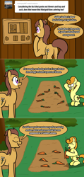 Size: 1280x2680 | Tagged: safe, artist:ladyanidraws, imported from derpibooru, carrot top, golden harvest, oc, oc:marigold, earth pony, pony, ask pun, ask, butt, carrot, female, food, herbivore, mare, plot