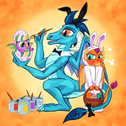 Size: 2000x2000 | Tagged: safe, artist:scarletdex8299, imported from derpibooru, princess ember, smolder, spike, dragon, angry, animal costume, basket, blushing, bowtie, bunny costume, bunny ears, clothes, costume, cute, dragon trio, dragoness, easter, easter egg, embarrassed, emberbetes, female, high res, holiday, male, paintbrush, smolder is not amused, smolderbetes, smoldere, spikabetes, trio, tsundere, unamused, winged spike, wings