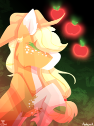 Size: 1200x1600 | Tagged: safe, artist:lepiswerid, derpibooru exclusive, imported from derpibooru, applejack, earth pony, pony, apple, applejack's hat, colored hooves, cowboy hat, eyes closed, food, freckles, hat, redesign, solo