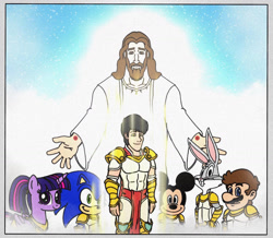 Size: 1440x1257 | Tagged: safe, artist:jmantheangel, imported from derpibooru, twilight sparkle, oc, oc:j-man, alicorn, anthro, hedgehog, human, mouse, pony, rabbit, angel, animal, armor, bugs bunny, christianity, crossover, do not steal, jesus christ, light, mario, mickey mouse, original art, original character do not steal, sonic the hedgehog, sonic the hedgehog (series), twilight sparkle (alicorn)