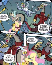 Size: 4096x5120 | Tagged: safe, artist:tonyfleecs, edit, editor:zcord, idw, imported from derpibooru, discord, fluttershy, abyssinian, draconequus, pegasus, pony, discordant harmony, to where and back again, spoiler:comic, spoiler:comic97, absurd resolution, collage, cropped, female, hug, male, mare, season 10, shipping fuel
