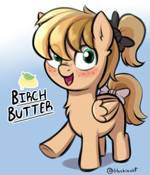 Size: 1624x1888 | Tagged: safe, artist:heretichesh, imported from derpibooru, oc, oc only, oc:birch butter, pegasus, pony, blushing, bow, colored, colt, femboy, freckles, male, pegasus oc, reference, solo, wings