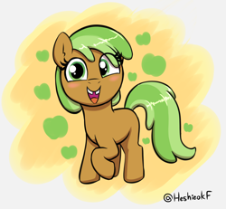 Size: 1814x1676 | Tagged: safe, artist:heretichesh, imported from derpibooru, apple crumble, earth pony, pony, apple family member, blushing, colored, female, filly, looking at you, raised hoof, simple background, smiling, smiling at you, solo, tooth gap