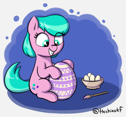 Size: 1815x1692 | Tagged: safe, artist:heretichesh, imported from derpibooru, aquamarine, earth pony, pony, bowl, colored, easter egg, egg, female, filly, grin, paintbrush, simple background, sitting, smiling, solo