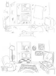 Size: 799x1082 | Tagged: safe, artist:jargon scott, imported from derpibooru, before and after, black and white, bread, chair, family photo, food, grayscale, house, knife, mess, monochrome, no pony, television, toast, vulgar