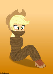 Size: 1920x2688 | Tagged: safe, artist:robukun, imported from derpibooru, applejack, human, equestria girls, angry, applejack is not amused, bondage, boots, cowboy boots, female, high res, mummification, mummified, rope, rope bondage, shoes, solo, tied up, unamused