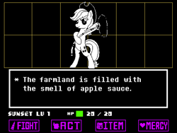 Size: 1280x960 | Tagged: safe, artist:horses are fuckin weird, imported from derpibooru, applejack, pony, applejack's hat, applesauce, bag, bipedal, black and white, black background, chara, charaset, cowboy hat, equestale, fake screencap, farm, female, fight, grayscale, hat, heart, horn, hud, implied sunset shimmer, lasso, monochrome, pixel art, rope, saddle bag, simple background, solo, sprite, stetson, undertale