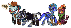 Size: 2563x1025 | Tagged: safe, artist:flipwix, imported from derpibooru, oc, oc only, oc:critical strike (ice1517), oc:herbal remedies, oc:scale shield, oc:wyld snare, alicorn, bat pony, bat pony alicorn, dracony, dragon, earth pony, hybrid, original species, pegasus, pony, timber pony, timber wolf, zebra, alicorn oc, armor, bat pony oc, bat wings, beard, belt, boots, bracelet, camouflage, cloak, clothes, cowboy, cowboy boots, cowboy hat, curved horn, dirt, dnd, druid, dungeons and dragons, eye scar, facial hair, fantasy class, female, fingerless gloves, genderfluid, gloves, glowing horn, gun, half mask, hammer, handgun, hat, helmet, hood, horn, horned helmet, jewelry, katana, leaf, levitation, magic, male, mare, markings, mask, moss, mud, necklace, pen and paper rpg, raised hoof, revolver, rogue, rpg, samurai, scar, shield, shoes, simple background, skirt, species swap, stallion, sword, tattoo, telekinesis, tooth, transparent background, war hammer, weapon, wings, zebra oc