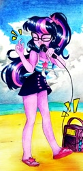 Size: 1722x3540 | Tagged: safe, artist:liaaqila, imported from derpibooru, sci-twi, twilight sparkle, equestria girls, equestria girls series, beach, clothes, cute, eyes closed, female, flip-flops, foot tapping, glasses, high res, karaoke, microphone, one-piece swimsuit, sandals, sci-twi swimsuit, singing, sleeveless, snapping, solo, swimsuit, tapping, twiabetes