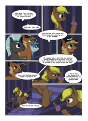 Size: 2904x4000 | Tagged: safe, artist:palibrik, imported from derpibooru, compass star, evening star, party favor, thunderlane, earth pony, pegasus, pony, unicorn, comic:securing a sentinel, abandoned, bottle, carousel boutique, comic, commissioner:bigonionbean, cutie mark, derp, dialogue, dropping, drunk, female, hat, high res, male, offscreen character, ponyville, potion, shipping, stallion, straight, vomit, vomiting, writer:bigonionbean